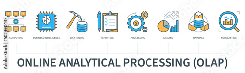 Online analytical processing infographic in minimal flat line style photo