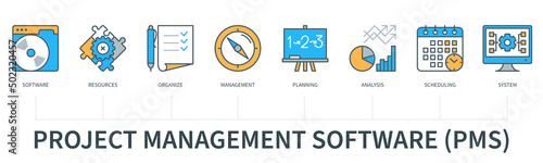 Project management software infographics in minimal flat line style