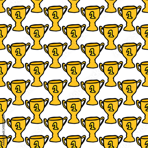 Seamless doodle pattern with championship cup. vector illustration with golden cup. Sport background