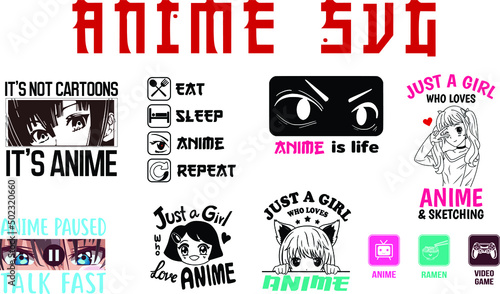 Anime SVG Bundle, Anime Vector, Love, Manga, Anime pack, Japanese cartoon SVG PNG, Anime T-shirt, Silhouette Cutting Files, Cricut Files Set 02 photo