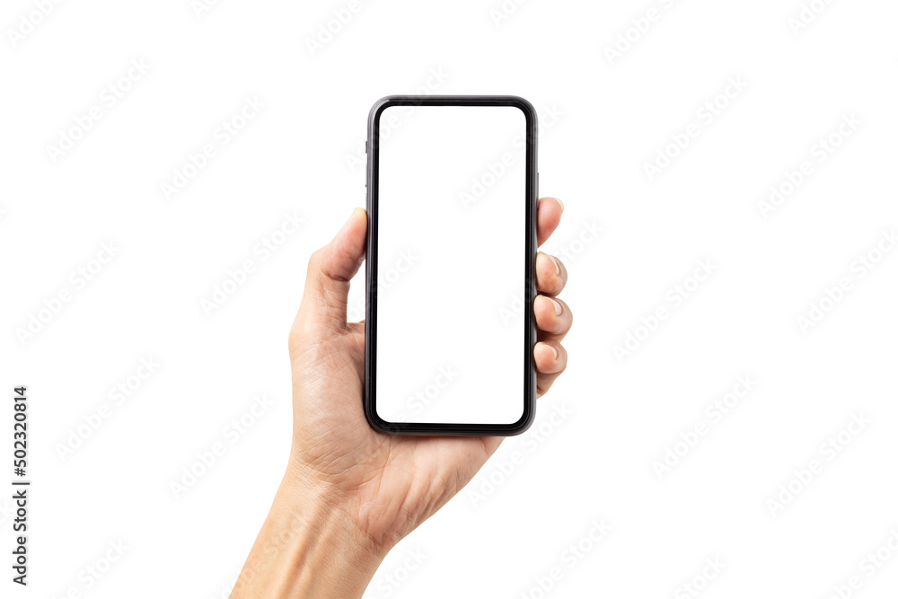 Hand man holding mobile smartphone with blank screen with space for inserting advertising text. isolated on white background with clipping path Hand man holding mobile smartphone with blank screen with space for inserting advertising text. isolated on white background with clipping path