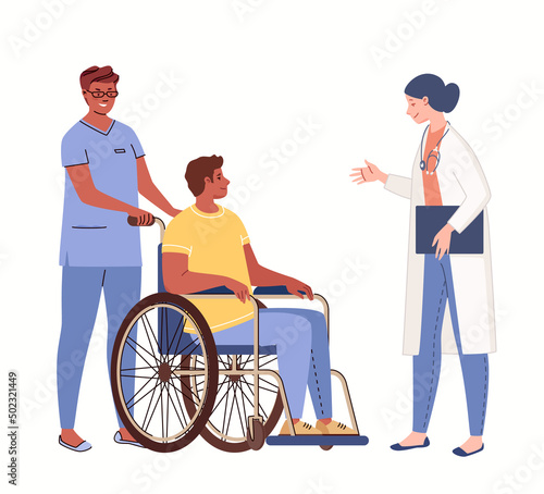 Trauma service. Disabled person in wheelchair at doctor's appointment. Consultation and treatment. Vector characters flat cartoon illustration.
