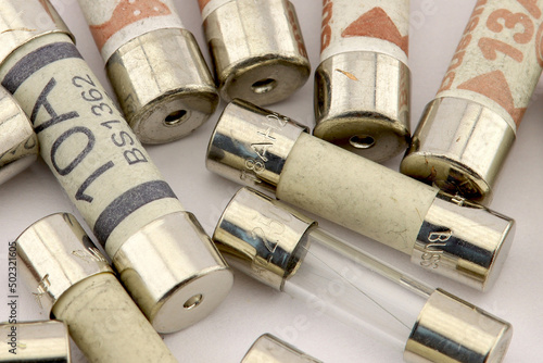 Electrical fuses close-up on a white background. 