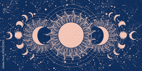 Vintage tarot banner, sun and moon phases, full moon on blue background. Mystical background for astrologer, zodiac, fortune telling. Aesthetic flat vector illustration.