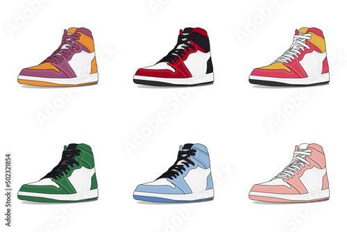 Set of Sneaker Shoes Collection isolated on white background. Sneakers for training, running, and basketball. Vector Illustration