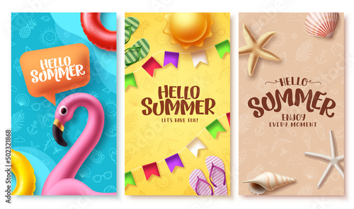 Summer poster vector set design.  Summer greeting collection in pattern space background for tropical season decoration design. Vector illustration. 

