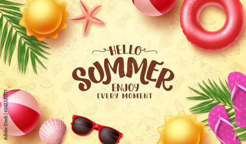 Summer vector background design. Hello summer greeting text in doodle pattern space with beach elements for tropical season design. Vector illustration.
