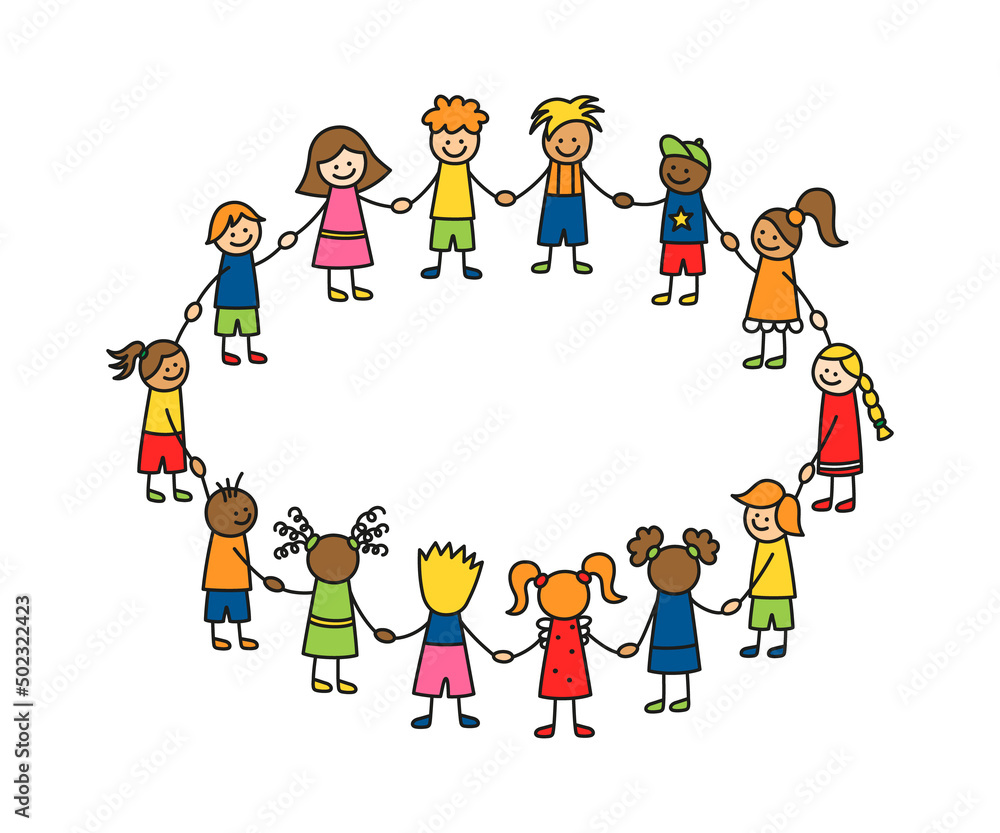 Fototapeta premium Happy doodle stick children holding hands. Hand drawn funny kids in circle. International friendship concept. Doodle children community. Vector illustration isolated on white background.