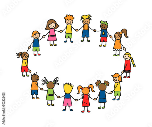 Happy doodle stick children holding hands. Hand drawn funny kids in circle. International friendship concept. Doodle children community. Vector illustration isolated on white background.
