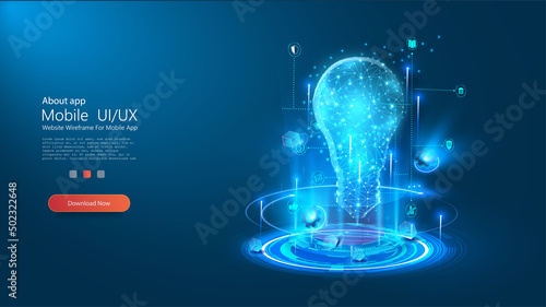 Abstract blue glowing light bulb with gears flying in the air. Low poly style design. Projection, hologram with futuristic circles on a blue background. Lamp bulb on technology background.