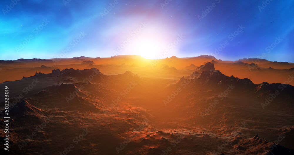 Fantastic space landscape view from surface of planet. Martian surface of planet, fantasy sharp rocks and mountains. Magical starry sky, stars of the planet and galaxies in sky