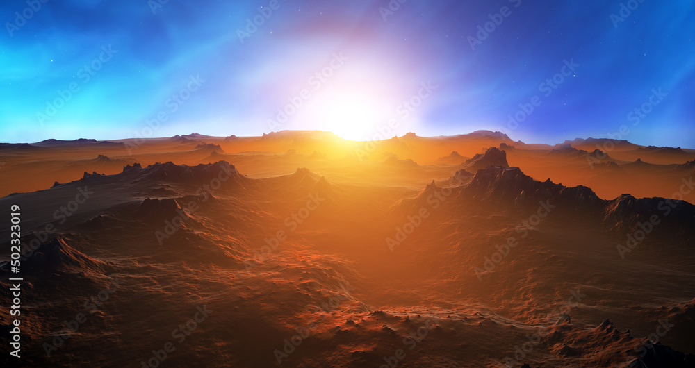 Fototapeta premium Fantastic space landscape view from surface of planet. Martian surface of planet, fantasy sharp rocks and mountains. Magical starry sky, stars of the planet and galaxies in sky