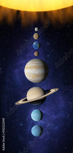 Solar system planet space  sun Mercury Venus earth Mars Jupiter Saturn Uranus Neptune planet cosmos. Map of solar system 8 planets. 3d render