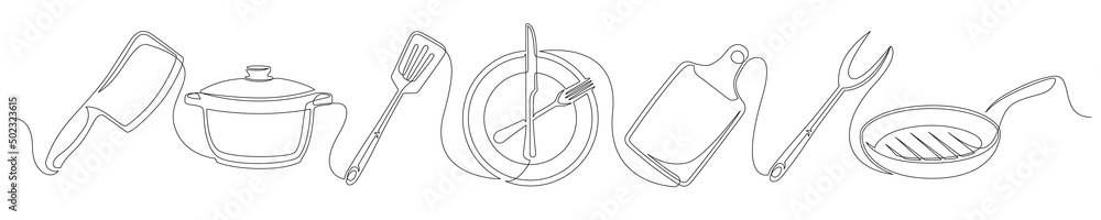 Set of continuous one line drawing of a kitchen elements. Cooking elements isolated on a white background. Vector illustration Set of continuous one line drawing of a kitchen elements. Cooking elements isolated on a white background. Vector illustration