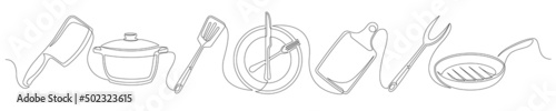 Set of continuous one line drawing of a kitchen elements. Cooking elements isolated on a white background. Vector illustration