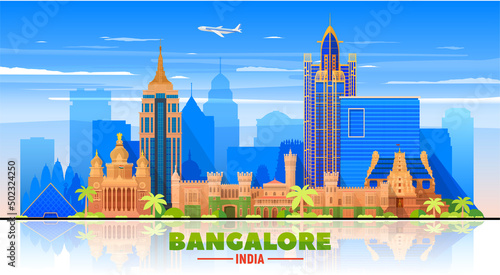 Bangalore ( India ) skyline with panorama in sky background. Vector Illustration. Business travel and tourism concept with modern buildings. Image for presentation, banner, web site. photo