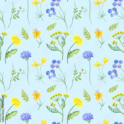 Floral seamless pattern of wild flowers, watercolor on a blue background