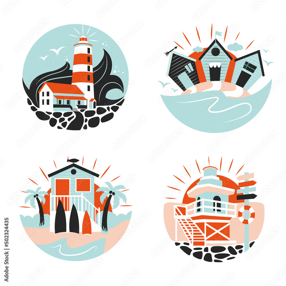 The flat design icons with lighthouses, beach huts, lifeguard houses, and palm trees