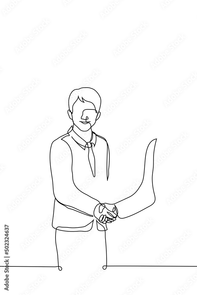 man in tie shakes hands with another and smiles - one line drawing vector. concept of peace agreement, signing of agreement or contract, merger of companies or mutually beneficial deal man in tie shakes hands with another and smiles - one line drawing vector. concept of peace agreement, signing of agreement or contract, merger of companies or mutually beneficial deal