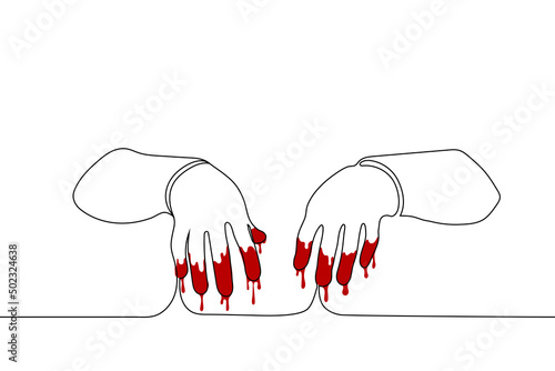 human hands from which blood drips - one line drawing vector. killer hand concept, get blood on my hands metaphor