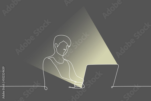 man sits in dark room at laptop with a screen that illuminates him - one line drawing vector. concept freelancer working at night, nocturnal biorhythm man, nocturnal lifestyle