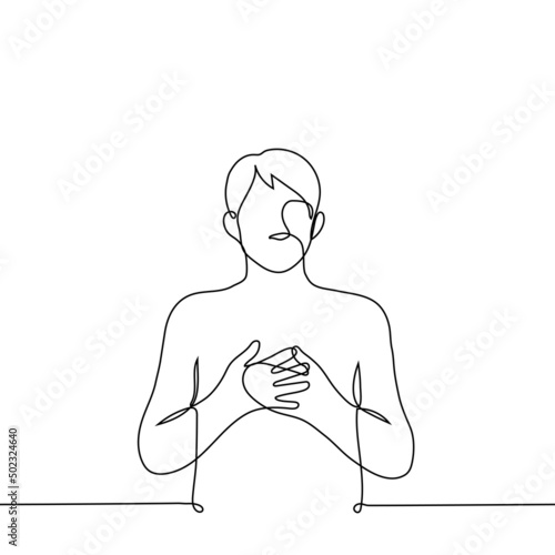 man put his palms to his solar plexus - one line drawing vector. the concept of openness, responsiveness, empathy, goodwill, appreciation and gratitude