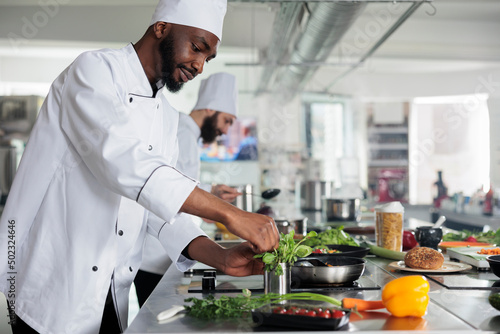 African american professional head chef picking fresh green herbs to improve gourmet dish taste. Male cook wearing cooking uniform preparing organic meal while in restaurant kitchen.