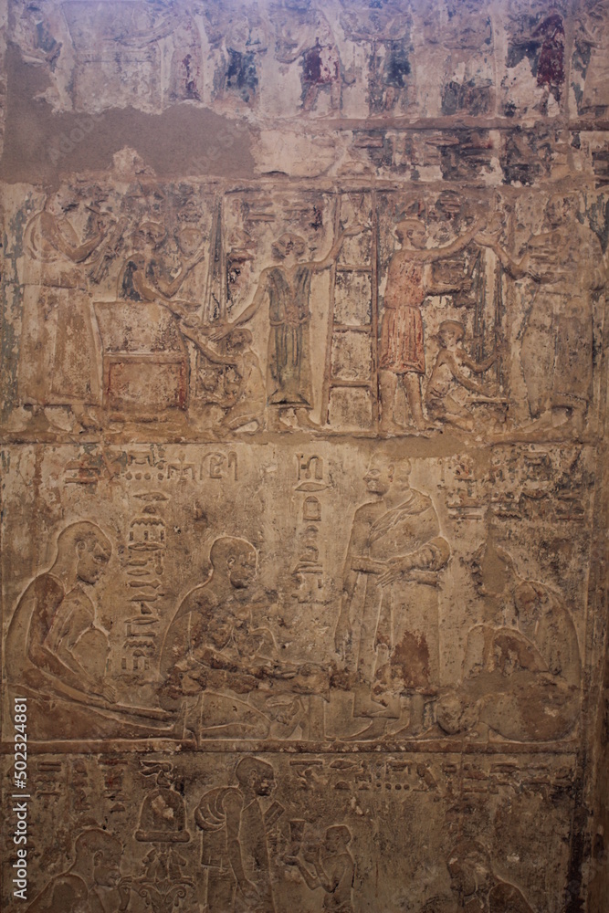 The interior inscriptions inside the tomb of petosiris the priest of Thoth showing daily life in Minya in Egypt