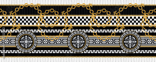Seamless pattern decorated with precious stones, gold chains and pearls.	