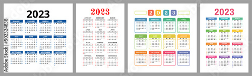 Calendar 2023 year set. Vector template collection. Ready design. Week starts on Sunday. January, February, March, April, May, June, July, August, September, October, November, December