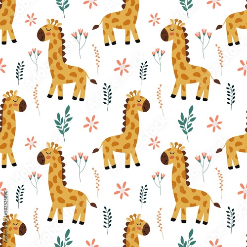 Seamless pattern with cute giraffe  leaves and flowers. Vector graphic on a white background. Hand drawing for cover design  phone cases   t-shirt pillow prints  wrapping paper.