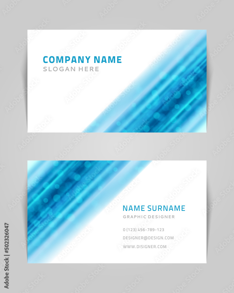 Fototapeta premium Business card template water flow blurred particles innovation abstract branding identification vector background. Namecard mockup glow futuristic technology rippled smooth molecule transition banner