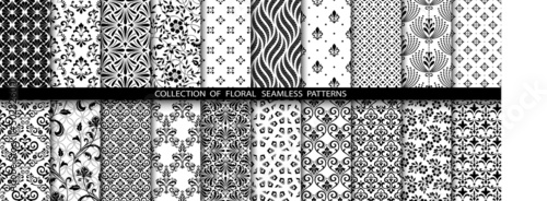 Geometric floral set of seamless patterns. White and black vector backgrounds. Simple illustrations.