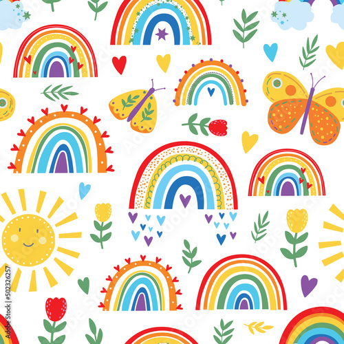 Cute bright rainbow and butterfky seamless pattern design on white background. Summer pattern in yellow.