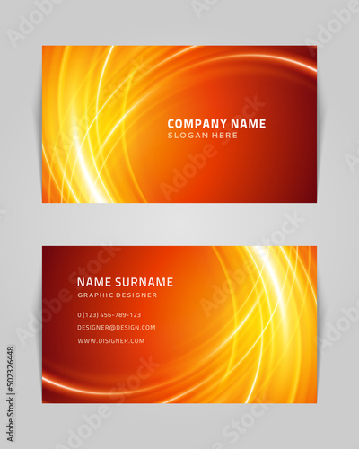 Illuminated curved glossy lines burning energy business card template vector background. Shine arch effect eclipse solar circular geometric electric glare web sunlight branding identification banner