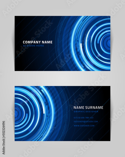 Business card with abstract circular waves vector template. Blue sound vibration running through water with bright creative gradient. Geometric spiral with tracery electronic branding elements