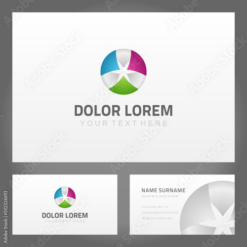 Abstract multicolored sphere geometric floral shape business card template decorative design vector illustration. Circled bright elegant globe flower bud petals fashion ornament namecard mockup