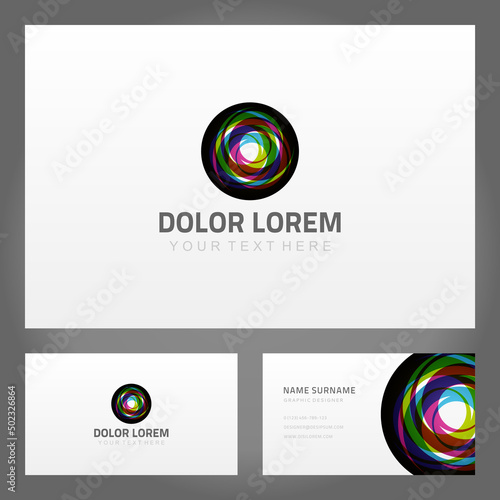 Abstract sphere twisted ornament curved multicolored lines business card template vector illustration. Rounded infinity cyberspace technology spiral visual geometric branding identification namecard