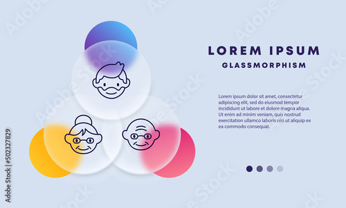 Old set icon. A man with a beard, old grandma and grandpa. Family concept. Glassmorphism style. Vector line icon for Business and Advertising