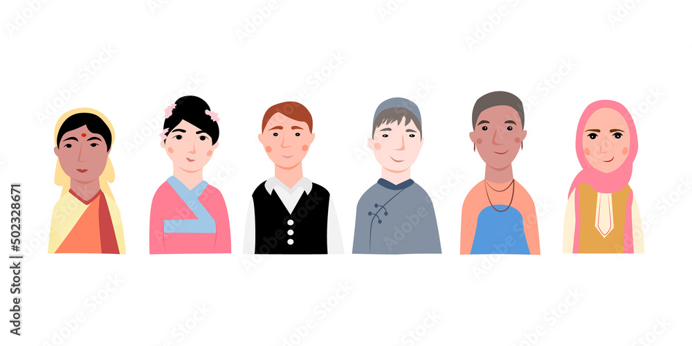 Cartoon banner of men and women in international clothes. Flat vector illustration. Cartoon banner of men and women in international clothes. Flat vector illustration.