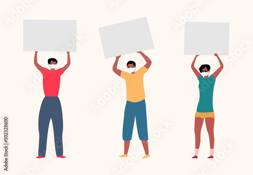 A modern illustration with black masked people with banners. Vector illustration.