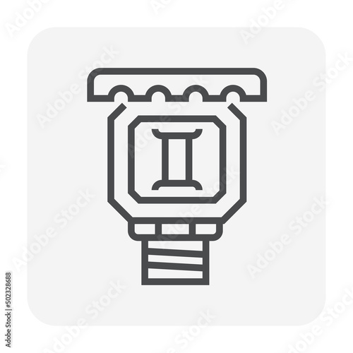 Fire sprinkler head vector icon with glass bulb. Ceiling extinguisher, security tool in fire alarm system to automatic heat detector, firefighting, suppression fire by spray water for safety. 64x64 px photo