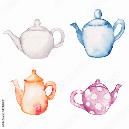 hand drawn watercolor orange and gray tea pot