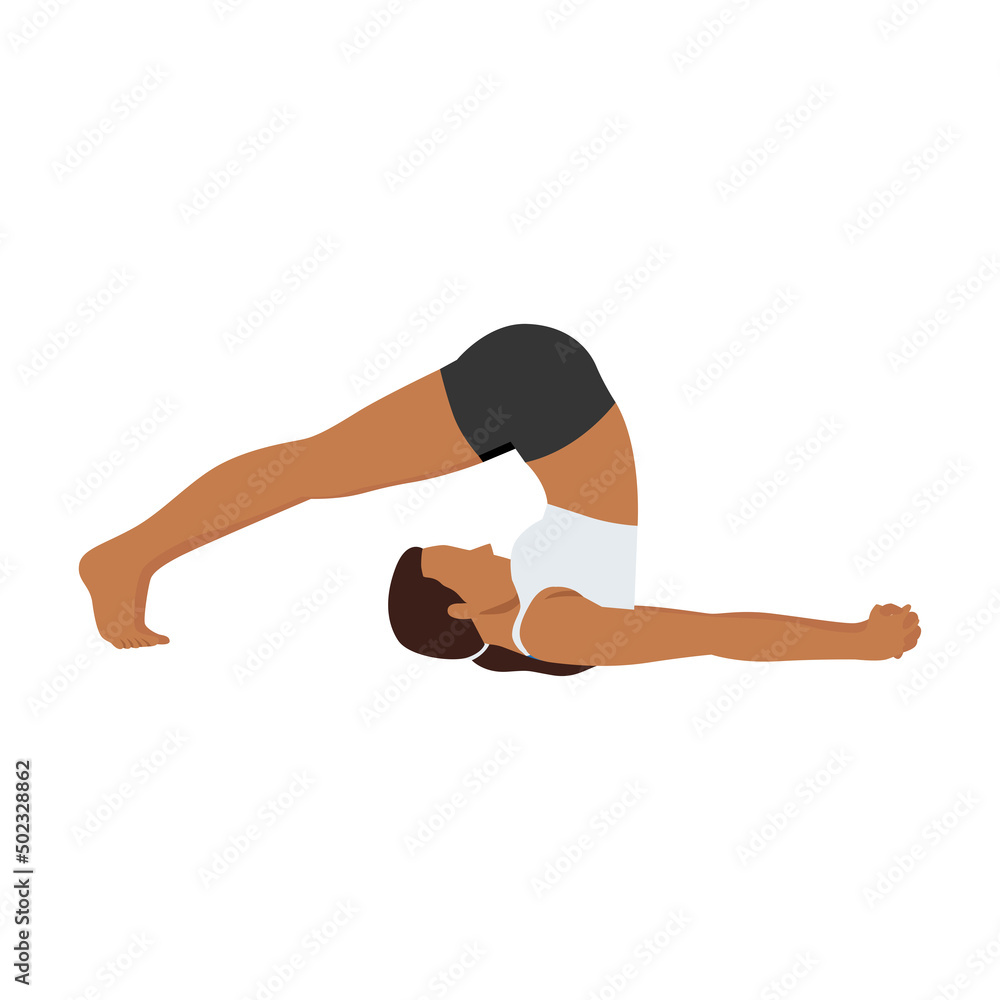 Woman doing plow pose halasana exercise. Flat vector illustration