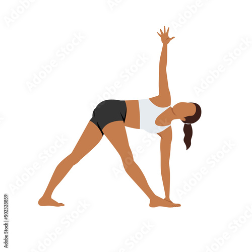 Woman doing revolved triangle pose parivrtta trikonasana exercise. Flat vector illustration isolated on white background