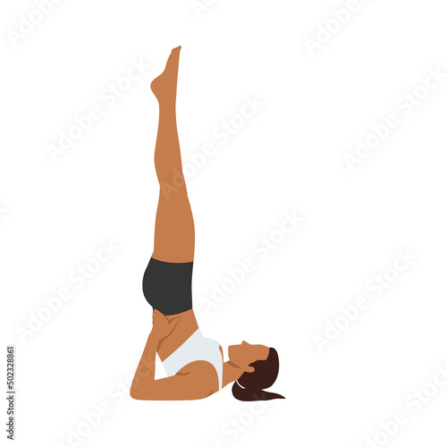 Woman doing shoulder stand pose salami sarvangasana exercise. Flat vector illustration isolated on white background