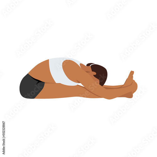 Woman doing paschimottanasana seated forward bend exercise. Flat vector illustration isolated on white background photo