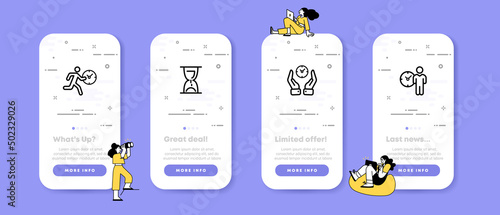 Time management set icon. Run, hurry, hourglass, watch in hand. Punctuality concept. UI phone app screens with people. Vector line icon for Business and Advertising