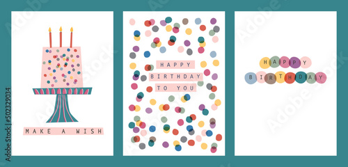 Set of Birthday Greeting Cards. Vector hand drawn illustration.