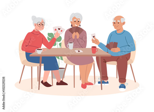 Retirement age people have fun playing card board games. Elderly people spend time together while play poker. Old men and aged women are friends in retirement home. Flat vector illustration on white.